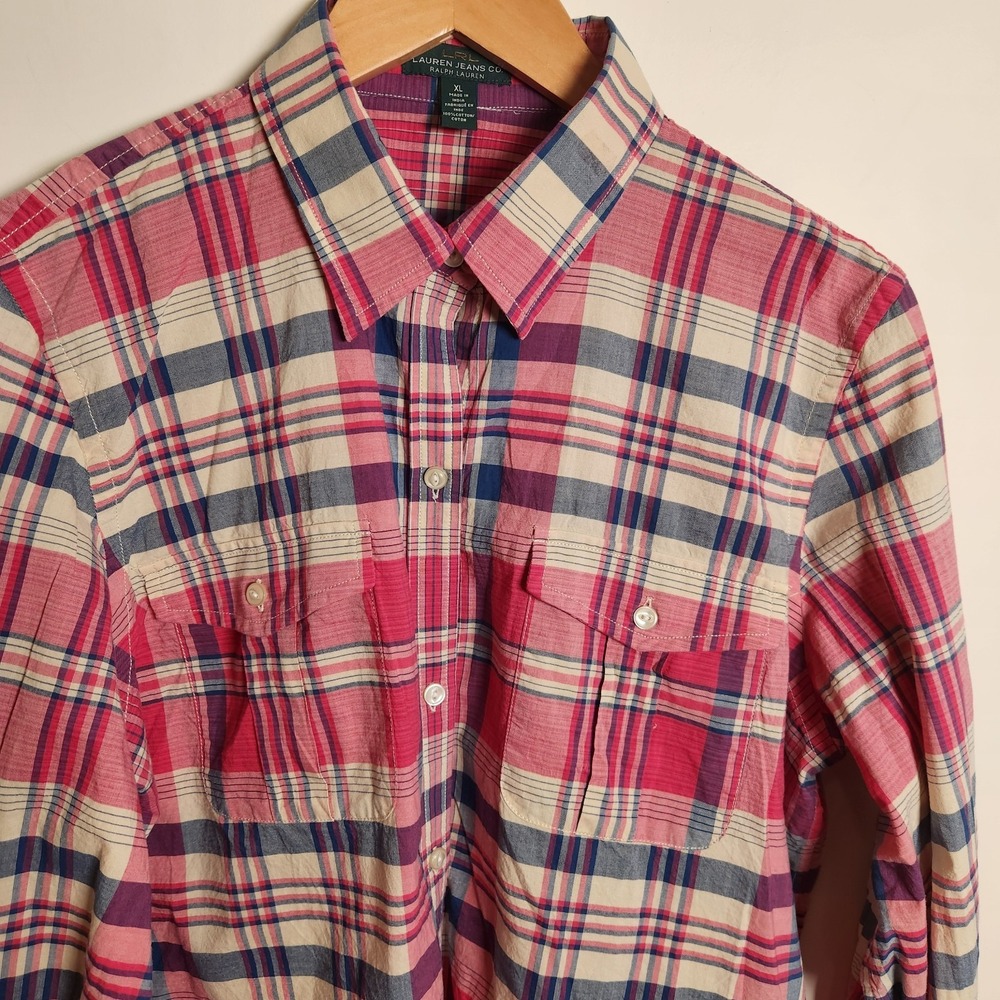 Lauren Jeans Co Ralph Lauren Plaid Button Down Shirt Pink Preppy Women's XL
